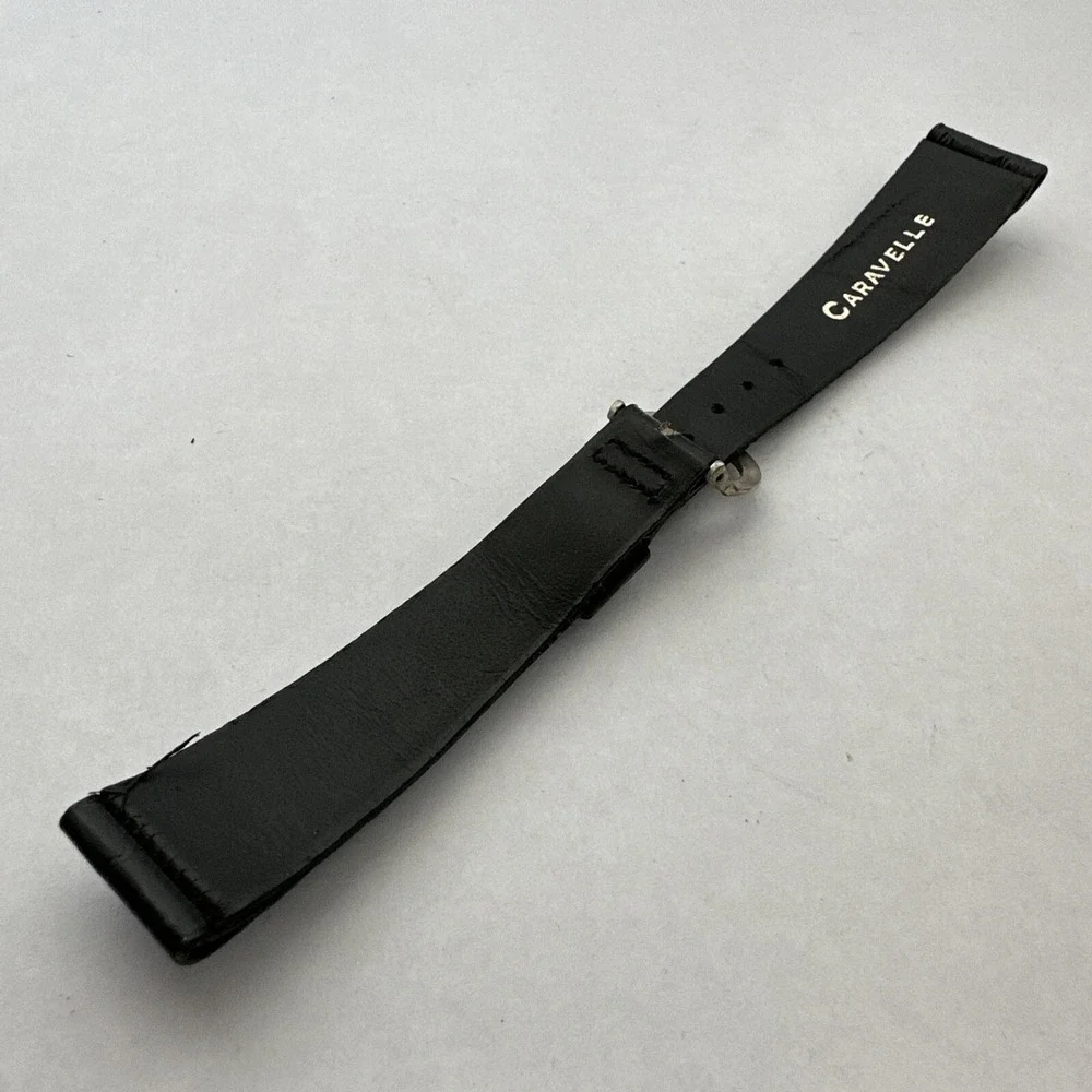 Caravelle Black Leather Watch Strap 18mm Croc Embossed Silver Horseshoe Buckle